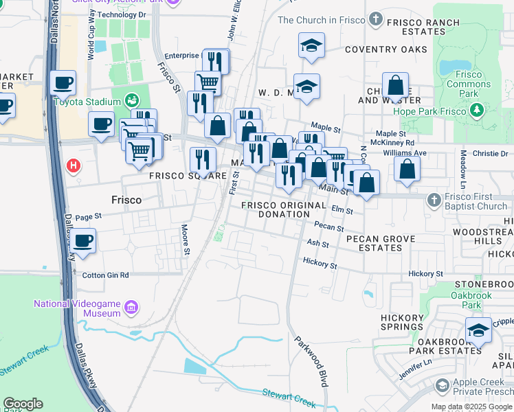 map of restaurants, bars, coffee shops, grocery stores, and more near 6674 Half Elm Street in Frisco