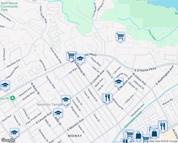map of restaurants, bars, coffee shops, grocery stores, and more near 1037 Kings Road in Escondido