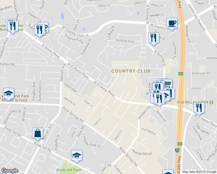 map of restaurants, bars, coffee shops, grocery stores, and more near 1401 El Cielo Lane in Escondido