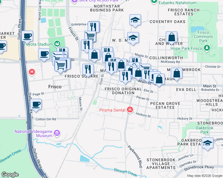 map of restaurants, bars, coffee shops, grocery stores, and more near 6674 Half Elm Street in Frisco