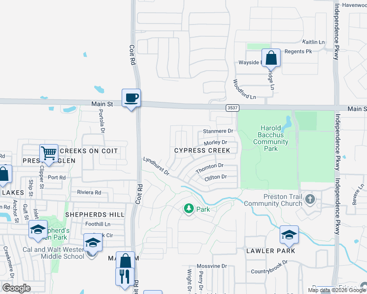 map of restaurants, bars, coffee shops, grocery stores, and more near 8831 Kelvington Drive in Frisco
