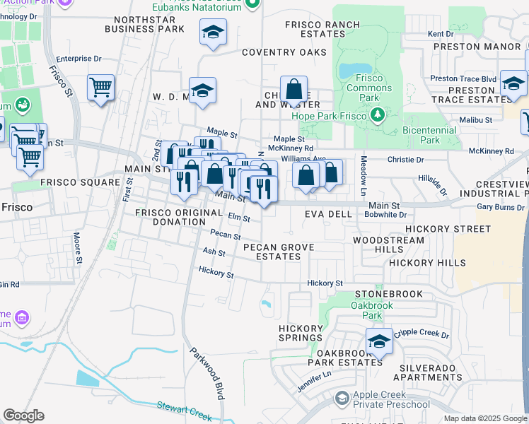 map of restaurants, bars, coffee shops, grocery stores, and more near 7510 West Main Street in Frisco