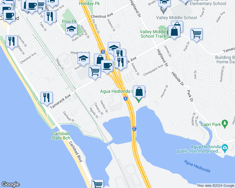 map of restaurants, bars, coffee shops, grocery stores, and more near 828 Chinquapin Avenue in Carlsbad