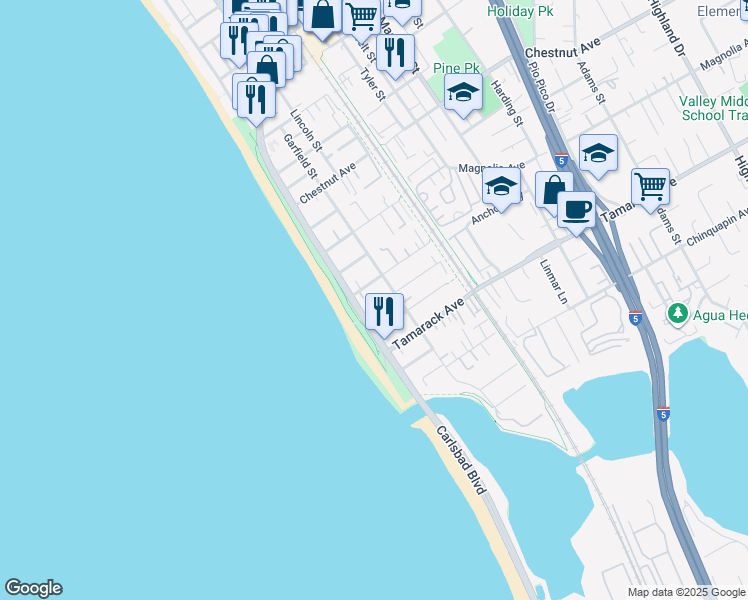 map of restaurants, bars, coffee shops, grocery stores, and more near 138 Juniper Avenue in Carlsbad