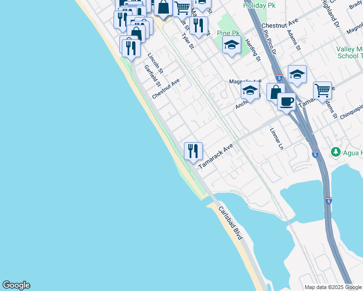 map of restaurants, bars, coffee shops, grocery stores, and more near 138 Juniper Avenue in Carlsbad