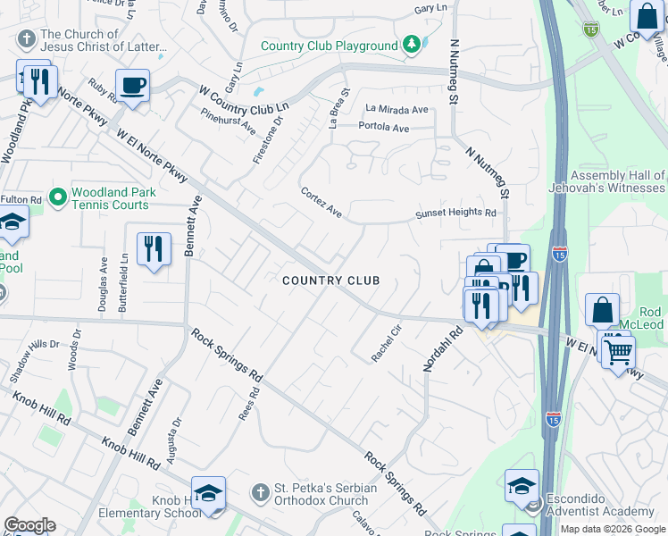 map of restaurants, bars, coffee shops, grocery stores, and more near 1401 El Cielo Lane in Escondido