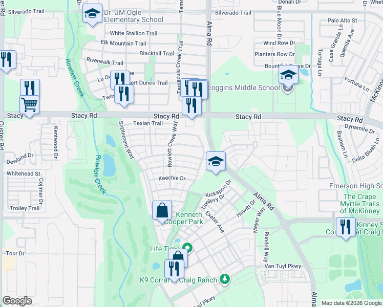 map of restaurants, bars, coffee shops, grocery stores, and more near 7616 Choctaw Lane in McKinney