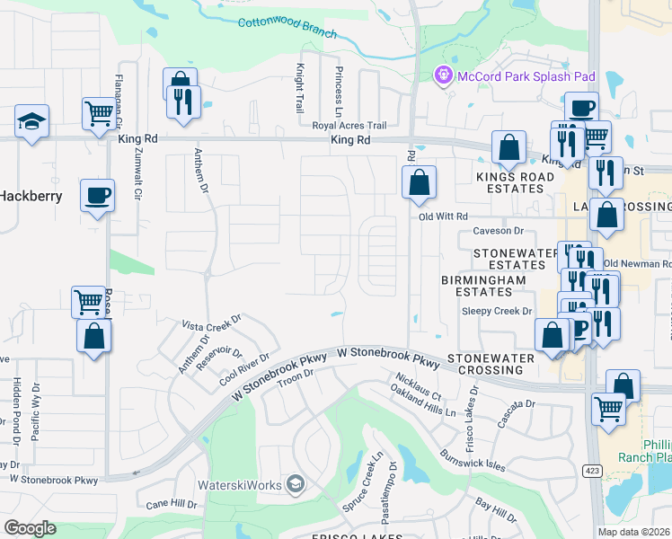 map of restaurants, bars, coffee shops, grocery stores, and more near 8471 Amethyst Lane in Frisco