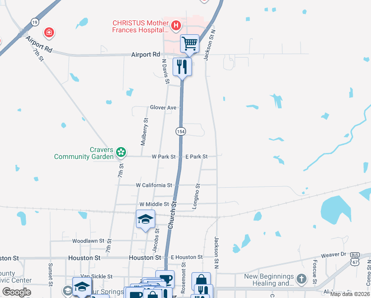 map of restaurants, bars, coffee shops, grocery stores, and more near 1036 Church Street in Sulphur Springs