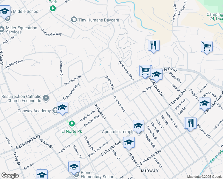 map of restaurants, bars, coffee shops, grocery stores, and more near 1309 Rimrock Drive in Escondido