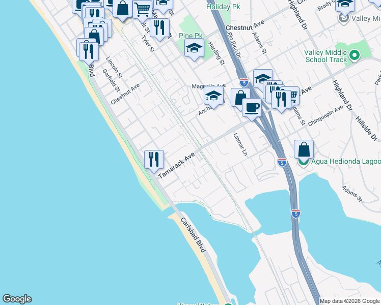 map of restaurants, bars, coffee shops, grocery stores, and more near 370 Tamarack Avenue in Carlsbad