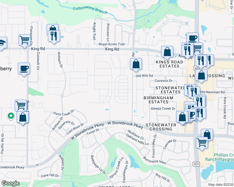 map of restaurants, bars, coffee shops, grocery stores, and more near 8540 Bachman Lane in Frisco