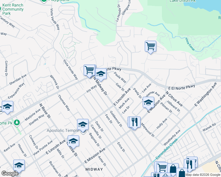 map of restaurants, bars, coffee shops, grocery stores, and more near 1041 Kings Road in Escondido
