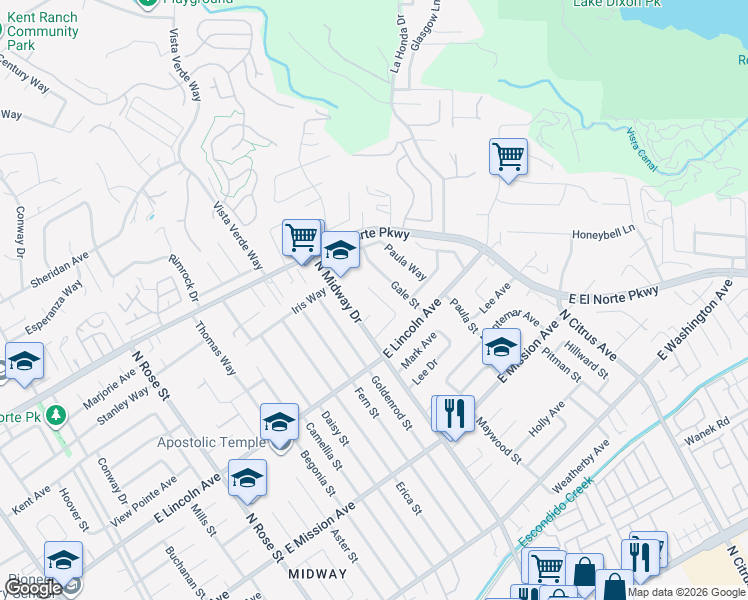 map of restaurants, bars, coffee shops, grocery stores, and more near 1041 Kings Road in Escondido