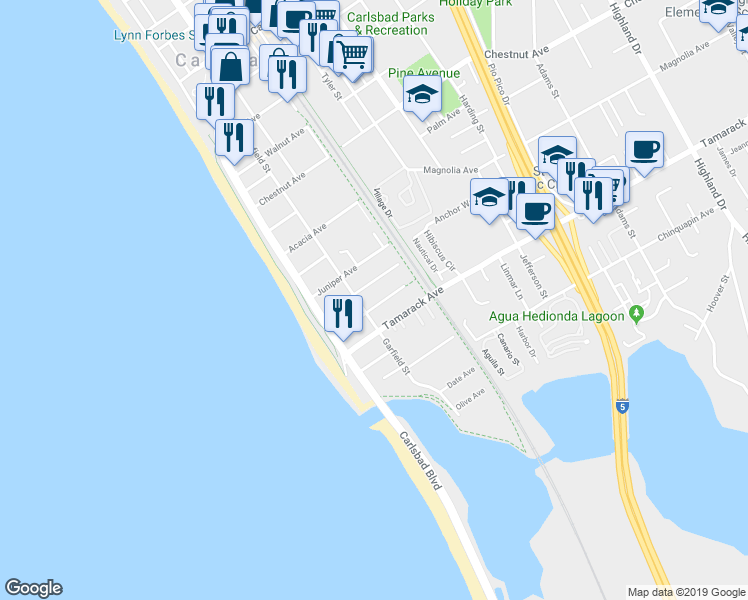 map of restaurants, bars, coffee shops, grocery stores, and more near 250 Redwood Avenue in Carlsbad