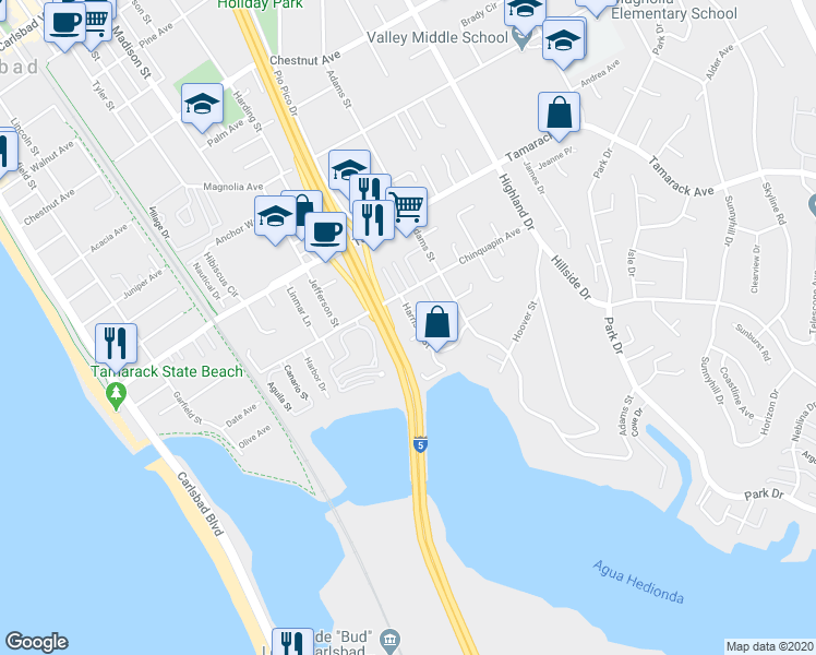 map of restaurants, bars, coffee shops, grocery stores, and more near 1003 Chinquapin Avenue in Carlsbad