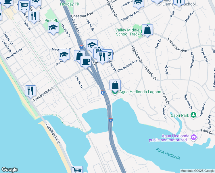 map of restaurants, bars, coffee shops, grocery stores, and more near 4065 Harrison Street in Carlsbad
