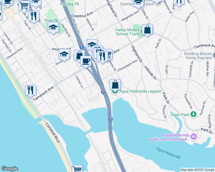 map of restaurants, bars, coffee shops, grocery stores, and more near 1003 Chinquapin Avenue in Carlsbad