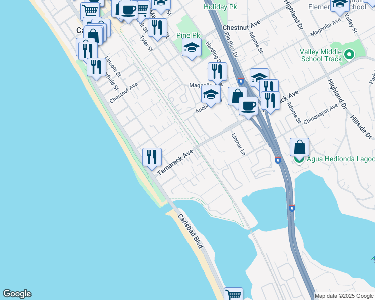 map of restaurants, bars, coffee shops, grocery stores, and more near 370 Tamarack Avenue in Carlsbad
