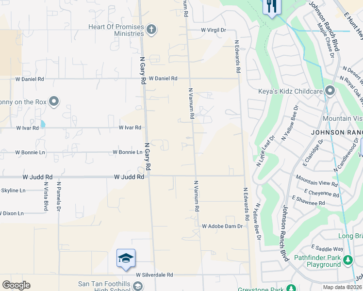 map of restaurants, bars, coffee shops, grocery stores, and more near 29756 North Varnum Road in San Tan Valley