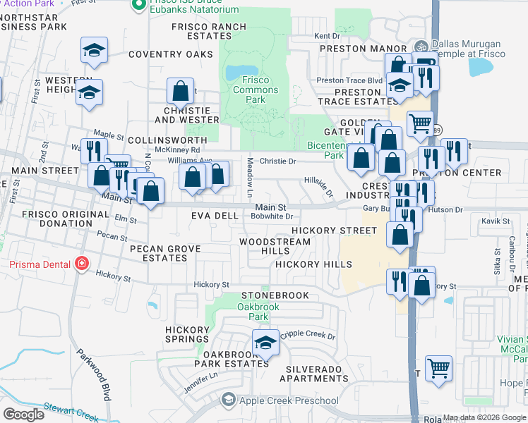 map of restaurants, bars, coffee shops, grocery stores, and more near 8124 Main Street in Frisco