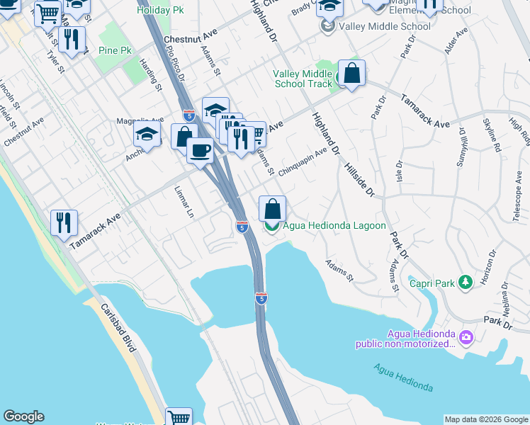 map of restaurants, bars, coffee shops, grocery stores, and more near 4039 Aidan Circle in Carlsbad