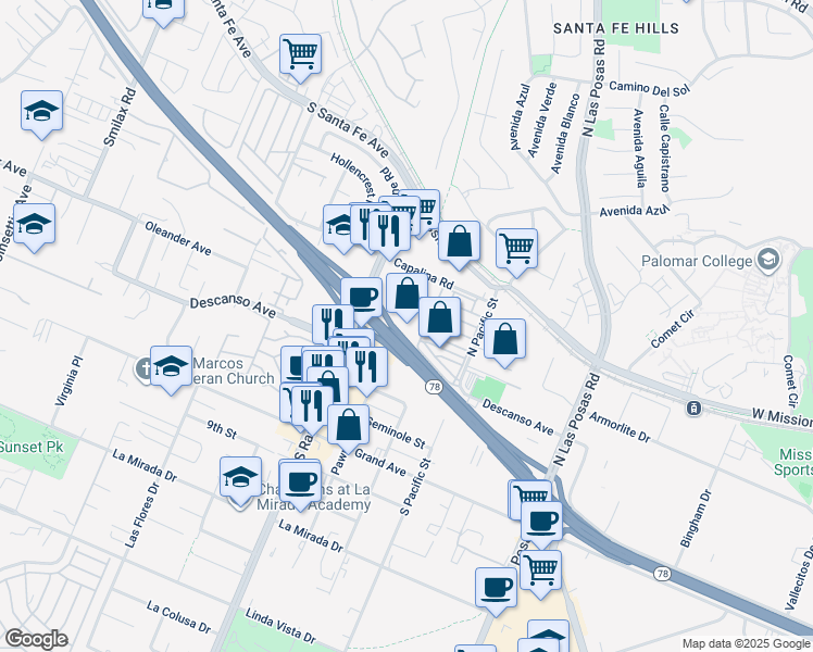 map of restaurants, bars, coffee shops, grocery stores, and more near 1609 Capalina Road in San Marcos
