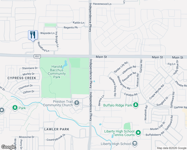 map of restaurants, bars, coffee shops, grocery stores, and more near 8726 Independence Parkway in Frisco