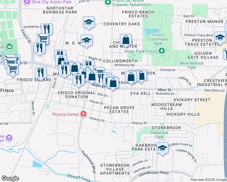 map of restaurants, bars, coffee shops, grocery stores, and more near 7510 West Main Street in Frisco