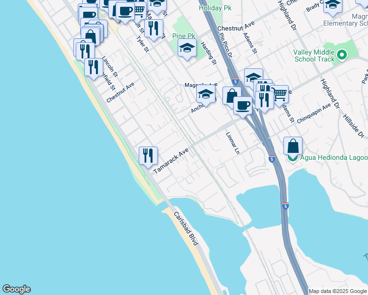 map of restaurants, bars, coffee shops, grocery stores, and more near 380 Tamarack Avenue in Carlsbad