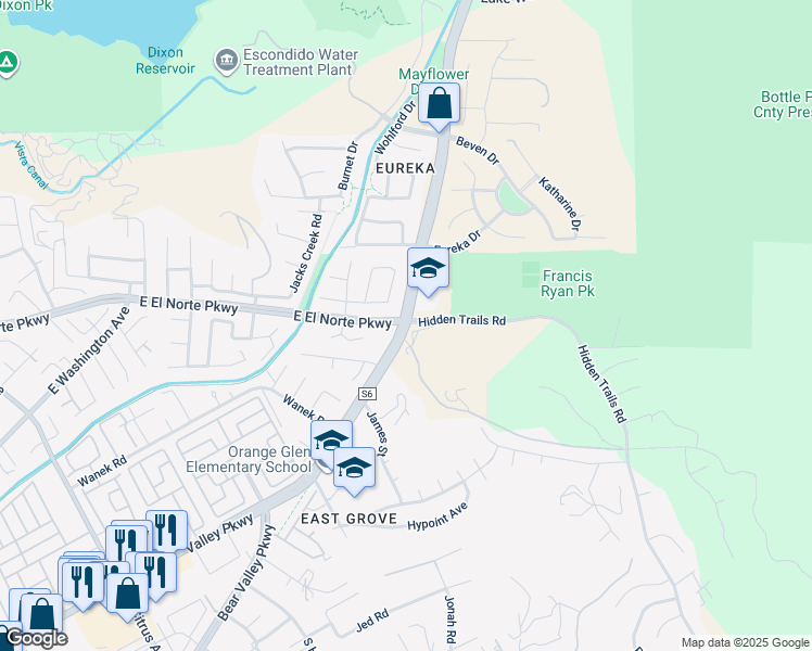 map of restaurants, bars, coffee shops, grocery stores, and more near 410 Hidden Trails Road in Escondido