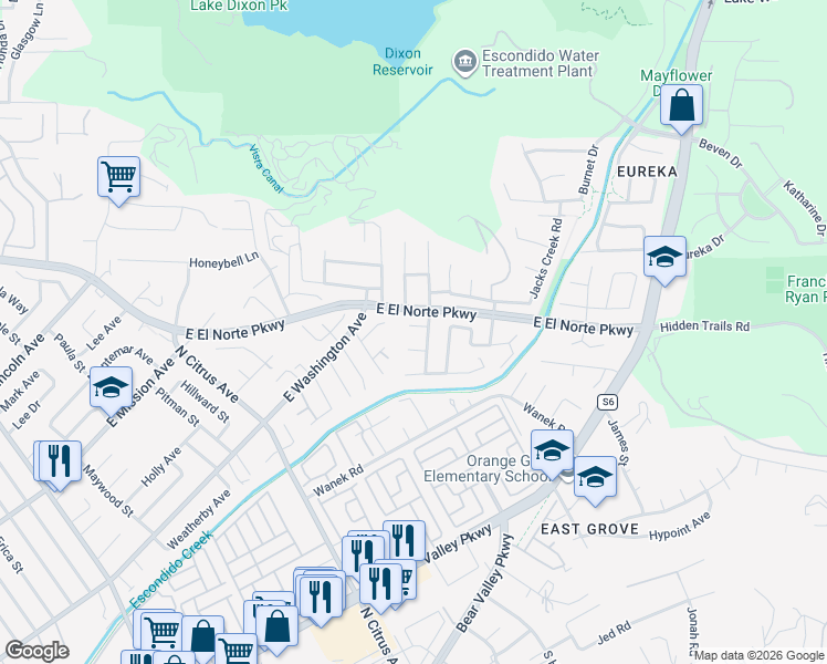 map of restaurants, bars, coffee shops, grocery stores, and more near 2737 Cameron Place in Escondido
