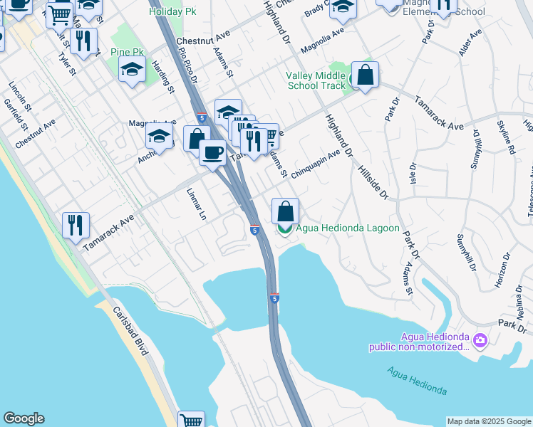 map of restaurants, bars, coffee shops, grocery stores, and more near 1003 Chinquapin Avenue in Carlsbad