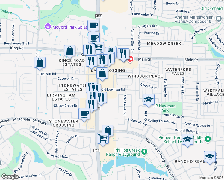map of restaurants, bars, coffee shops, grocery stores, and more near 279 Main Street in Frisco