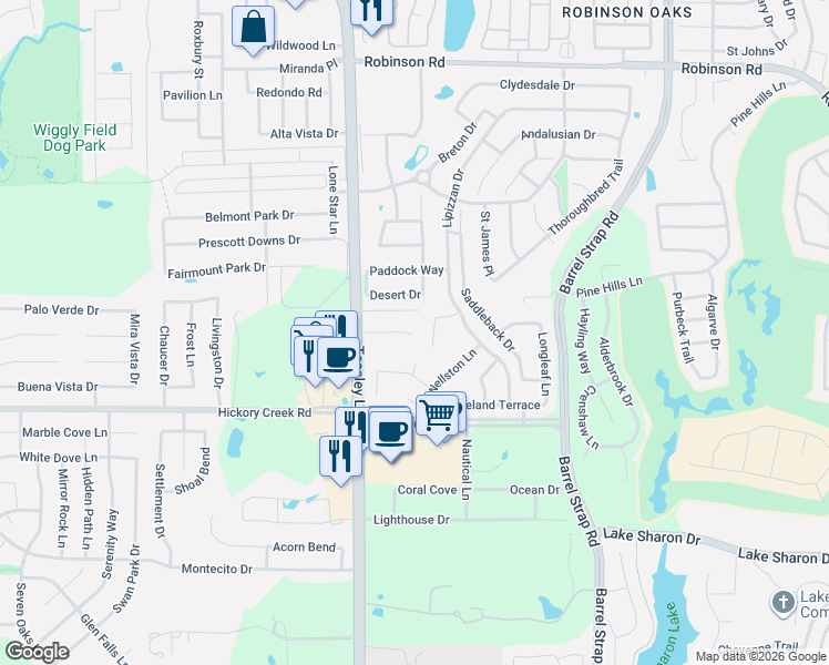 map of restaurants, bars, coffee shops, grocery stores, and more near 2931 Lipizzan Court in Denton