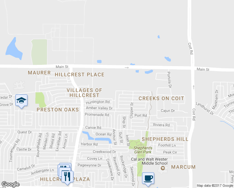 map of restaurants, bars, coffee shops, grocery stores, and more near 8509 Greenfield Drive in Frisco