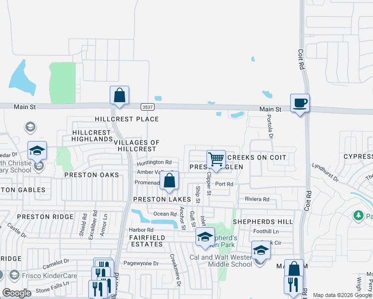 map of restaurants, bars, coffee shops, grocery stores, and more near 8509 Greenfield Drive in Frisco