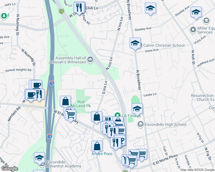 map of restaurants, bars, coffee shops, grocery stores, and more near 1833 Wintergreen Glen in Escondido