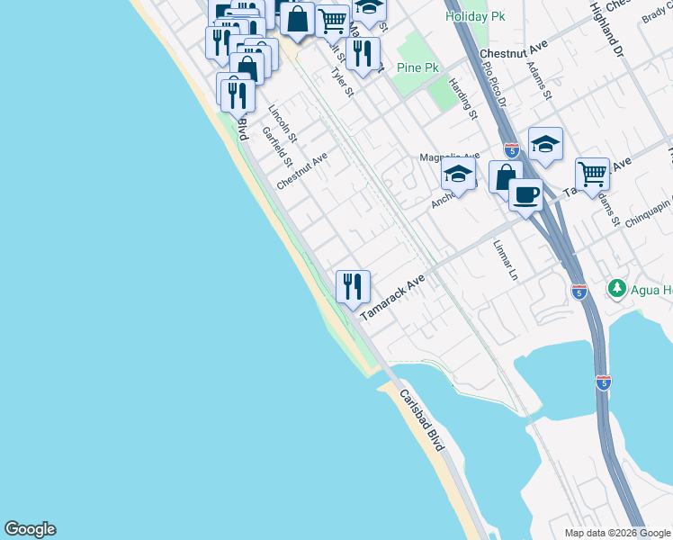 map of restaurants, bars, coffee shops, grocery stores, and more near 135 Juniper Avenue in Carlsbad