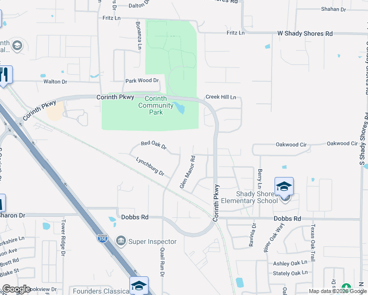 map of restaurants, bars, coffee shops, grocery stores, and more near 1821 Quail Run Drive in Corinth