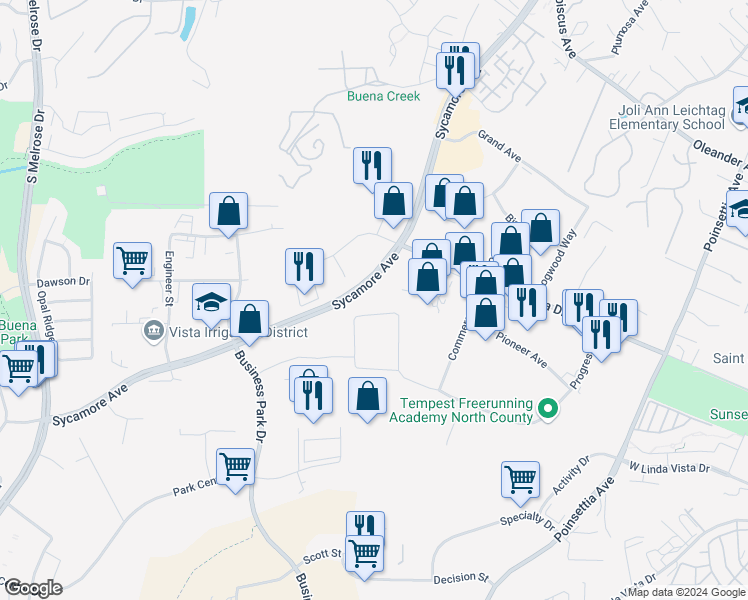 map of restaurants, bars, coffee shops, grocery stores, and more near 2598 Fortune Way in Vista