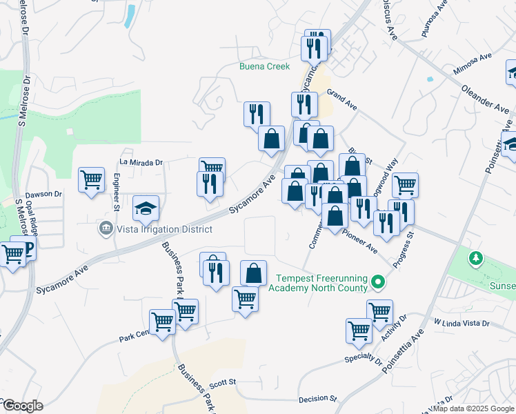 map of restaurants, bars, coffee shops, grocery stores, and more near 2598 Fortune Way in Vista