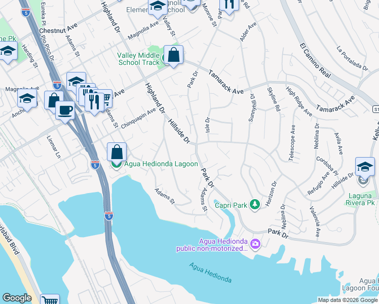 map of restaurants, bars, coffee shops, grocery stores, and more near 4269 Hillside Drive in Carlsbad