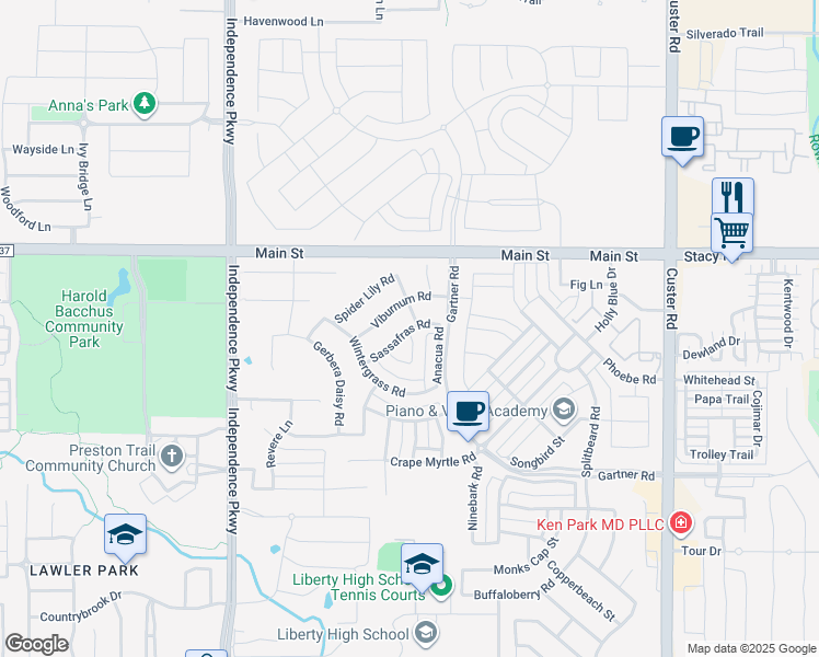 map of restaurants, bars, coffee shops, grocery stores, and more near 15356 Sassafras Road in Frisco