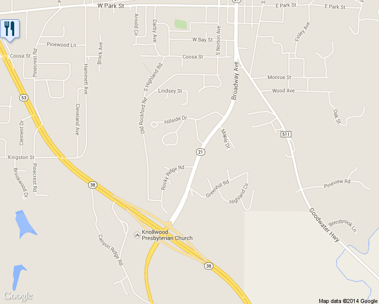 map of restaurants, bars, coffee shops, grocery stores, and more near 1089 Old Rockford Road in Sylacauga