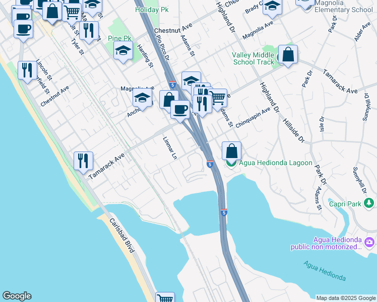 map of restaurants, bars, coffee shops, grocery stores, and more near 828 Chinquapin Avenue in Carlsbad