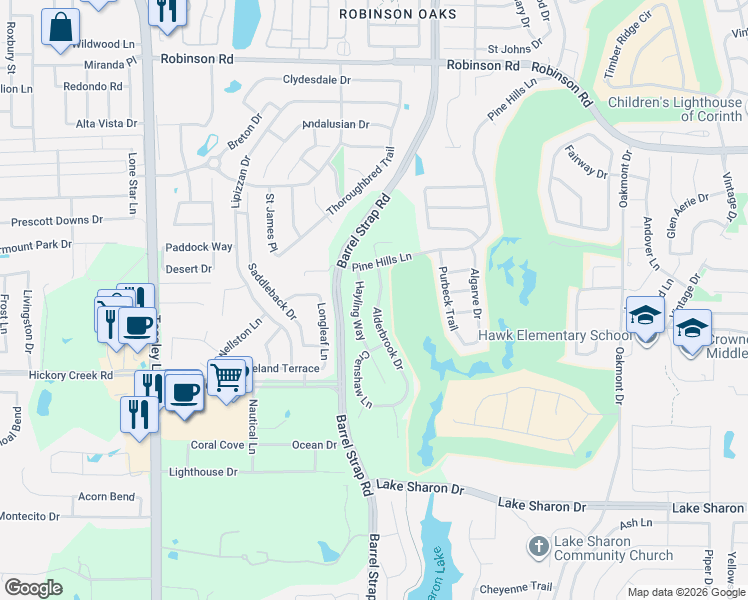 map of restaurants, bars, coffee shops, grocery stores, and more near 6616 Hayling Way in Corinth
