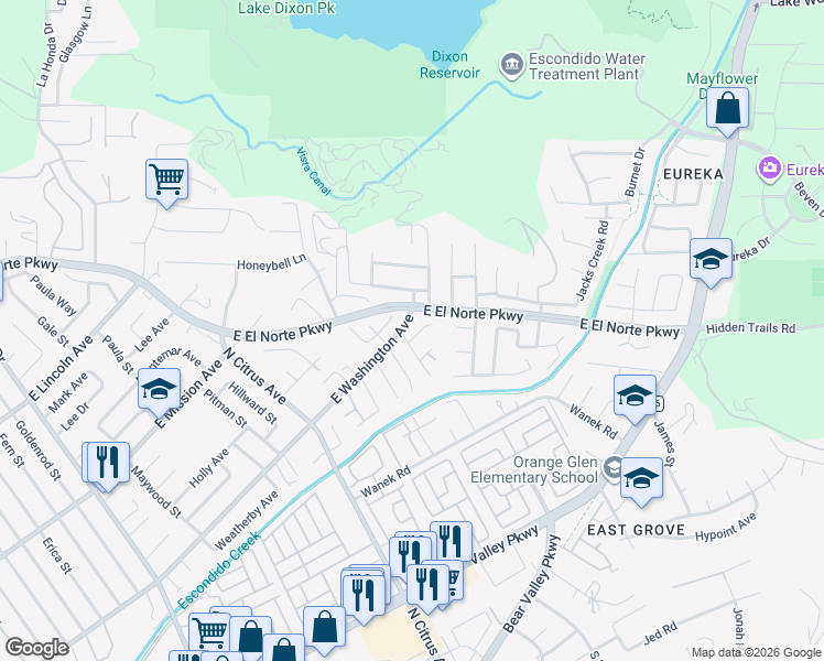 map of restaurants, bars, coffee shops, grocery stores, and more near 2628 Obrien Place in Escondido