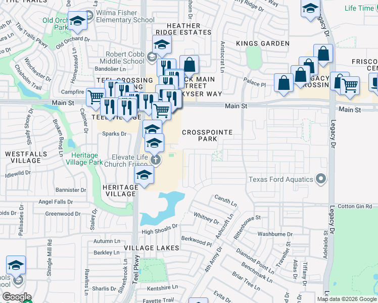 map of restaurants, bars, coffee shops, grocery stores, and more near 3356 Archduke Drive in Frisco