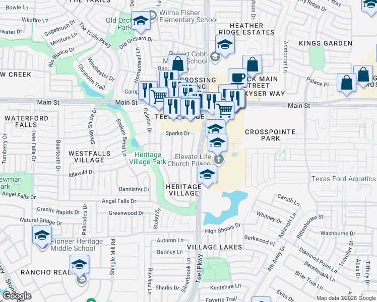 map of restaurants, bars, coffee shops, grocery stores, and more near 8591 Nicholson Drive in Frisco